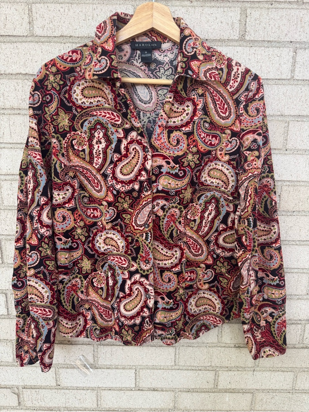 Vintage Paisley Corduroy Button Front Shirt Cotton Sz 8 Cottagecore